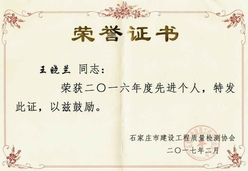王晓兰先进个人证书