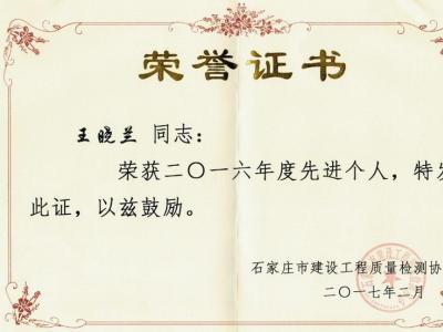 王晓兰先进个人证书